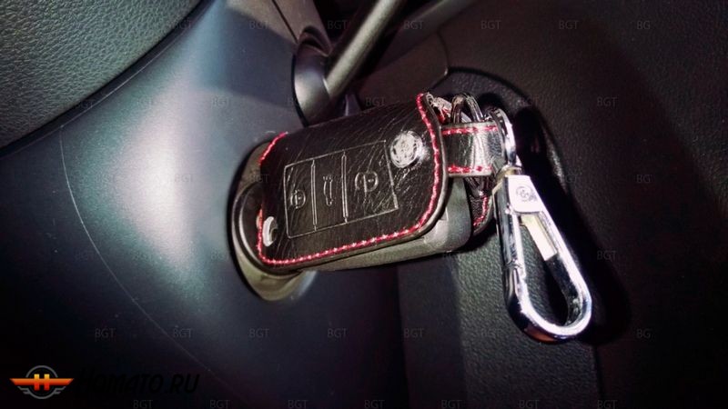 Чехол для ключа Volkswagen «Брелок», Кожаный, Цвет нити: Красный