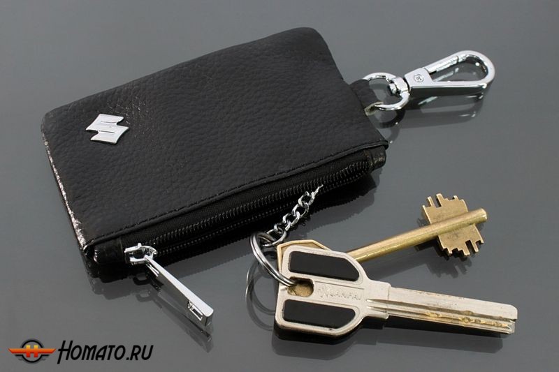 Чехол для ключей "Suzuki", Универсальный, Кожаный с Металическим значком, Цвет: Черный