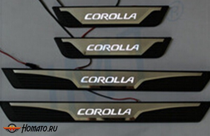 Накладки на дверные пороги с логотипом и LED подсветкой для TOYOTA Corolla 2013+ : нержавеющая сталь, OEM Stile