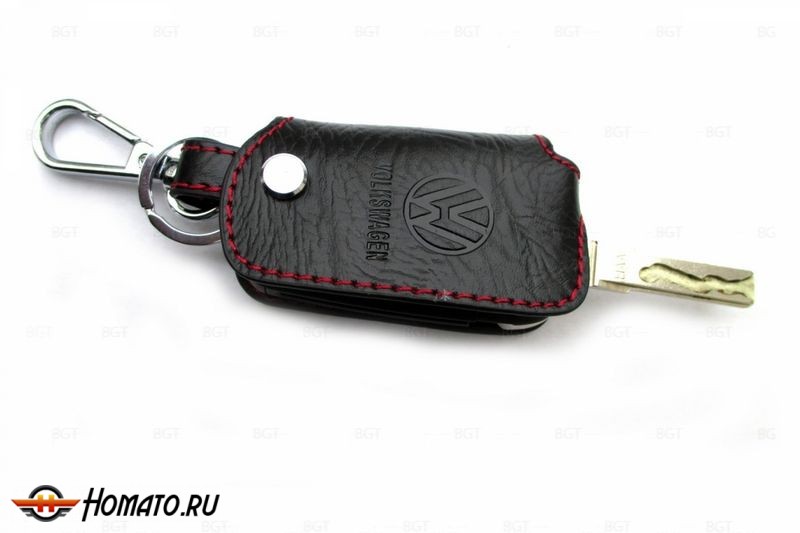 Чехол для ключа Volkswagen «Брелок», Кожаный, Цвет нити: Красный