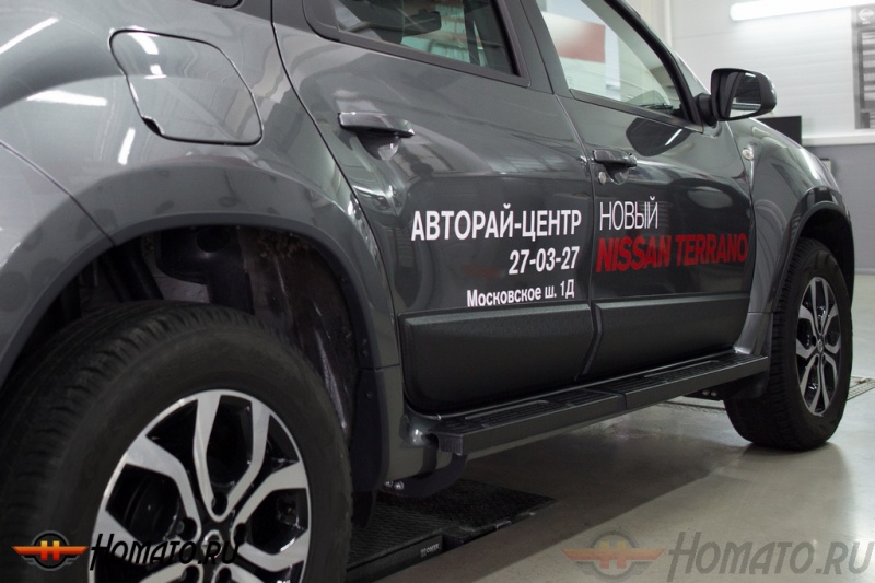 Пороги металлические для Nissan Terrano 2014+ | Цвет: черный муар | вариант 2