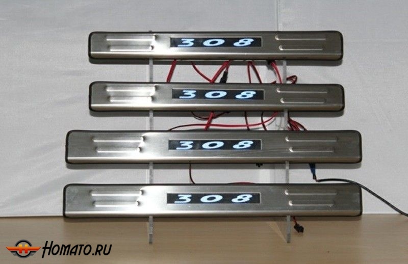 Накладки на дверные пороги с LED подстветкой, нерж. для PEUGEOT 308