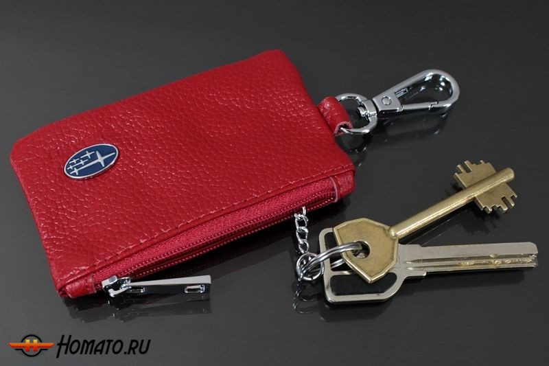 Чехол для ключей "Subaru", Универсальный, Кожаный с Металическим значком, Цвет: Красный