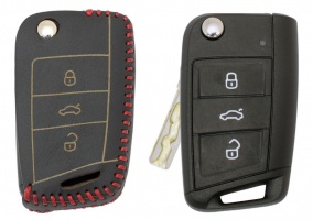 Чехол для ключа Volkswagen, Skoda, Seat (Брелок) "String", Цвет кожи: Черный