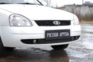 Зимняя заглушка решетки переднего бампера для Lada Приора (седан, хэтчбэк, универсал) 2007+ | шагрень