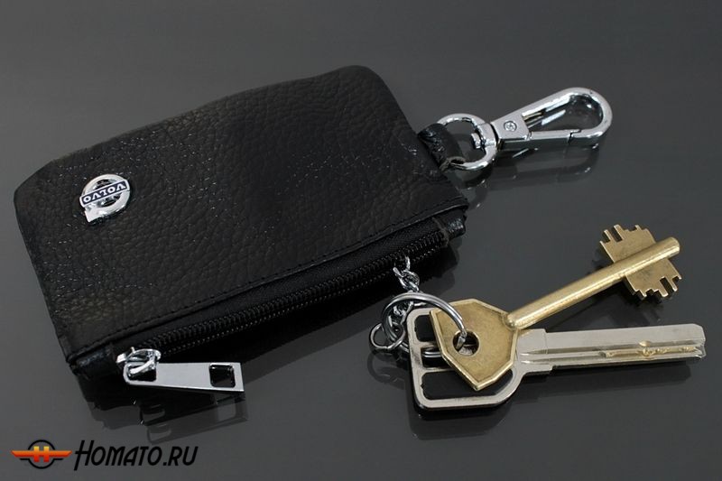 Чехол для ключей "Volvo", Универсальный, Кожаный с Металическим значком, Цвет: Черный