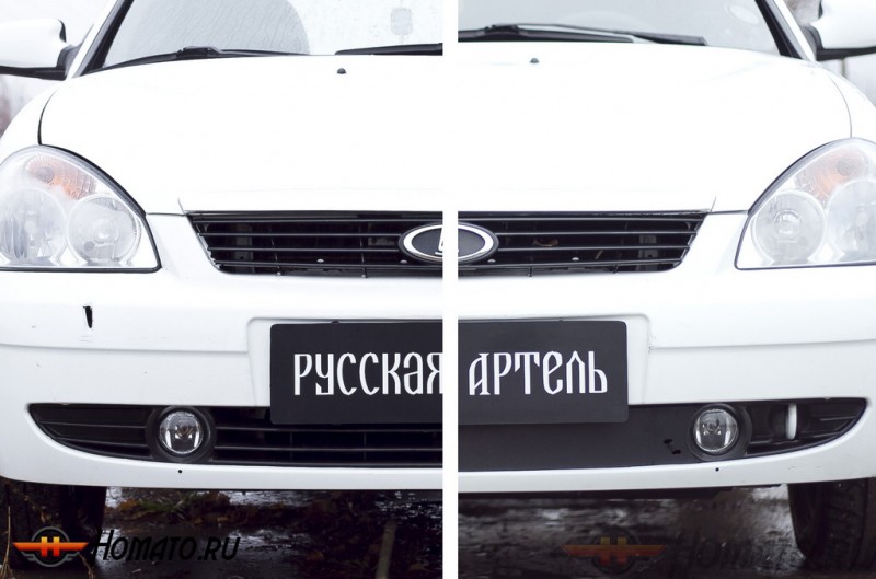 Зимняя заглушка решетки переднего бампера для Lada Приора (седан, хэтчбэк, универсал) 2007+ | шагрень