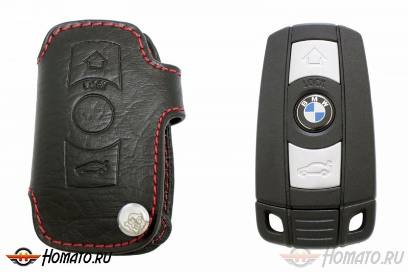 Чехол для ключа BMW (Брелок), Без значка "BMW" Кожаный, Цвет нити: Красный