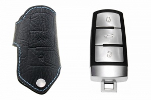Брелок «кожаный чехол» для ключа Volkswagen с голубой нитью «вар.2»