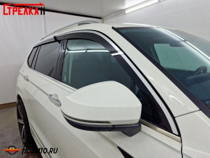 Дефлекторы Volkswagen Tiguan L 2017+/2020+ (Китай) | с хром молдингом, из 6 частей, премиум, плоские, 2D