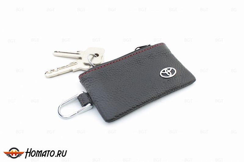 Чехол для ключей "Toyota", Универсальный, Кожаный с Металическим значком, Цвет: Черный, Нить:Красная