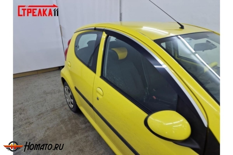 Дефлекторы Пежо 107 (5D) 2005-2015 | с хром молдингом, из 4 частей, премиум, плоские, 2D