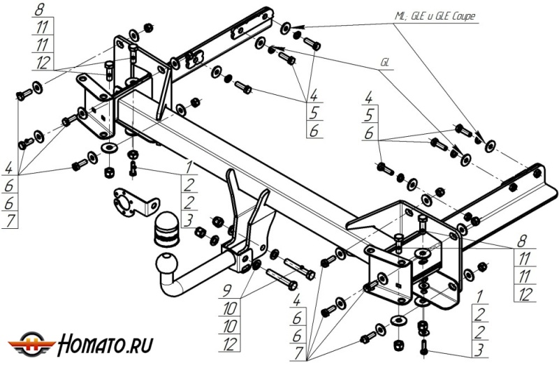 Фаркоп Mercedes-benz GL-class 2006-2015 | шар A - оцинкованный, нагрузка 75/1900 | MOTODOR | 91205-A