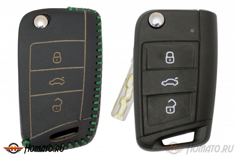 Чехол для ключа Volkswagen, Skoda, Seat (Брелок) "String", Цвет кожи: Черный