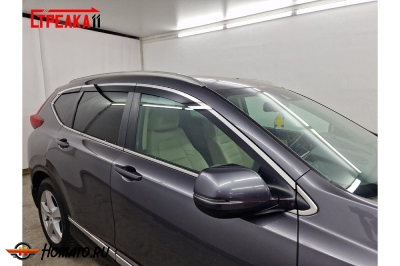 Дефлекторы Хонда СРВ 5 2017-2022 | с хром молдингом, из 6 частей, премиум, плоские, 2D