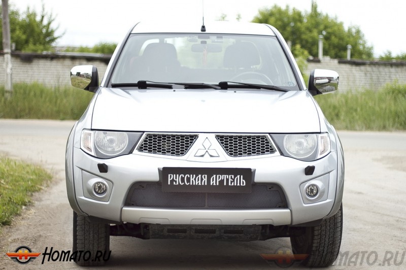 Защитная сетка переднего бампера для Mitsubishi L200 2010+/2014+ (15MY) и Pajero Sport 2008-2013 | шагрень