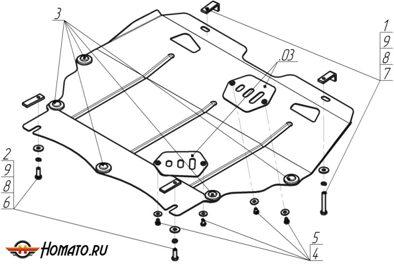 Защита картера Mazda 6 2007-2012 | двигатель + КПП, 2 мм, сталь | MOTODOR | 01121