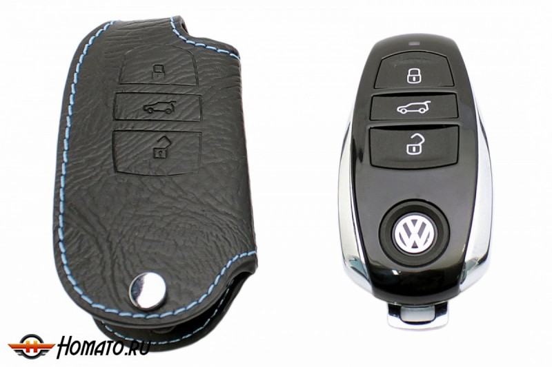 Брелок «кожаный чехол» для ключа Volkswagen Touareg II «2010-» с голубой нитью