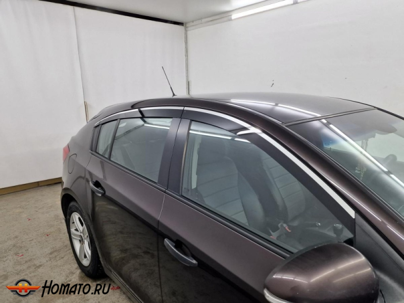 Дефлекторы Шевроле Круз хэтчбек 2009-2015 | с хром молдингом, из 6 частей, премиум, плоские, 2D