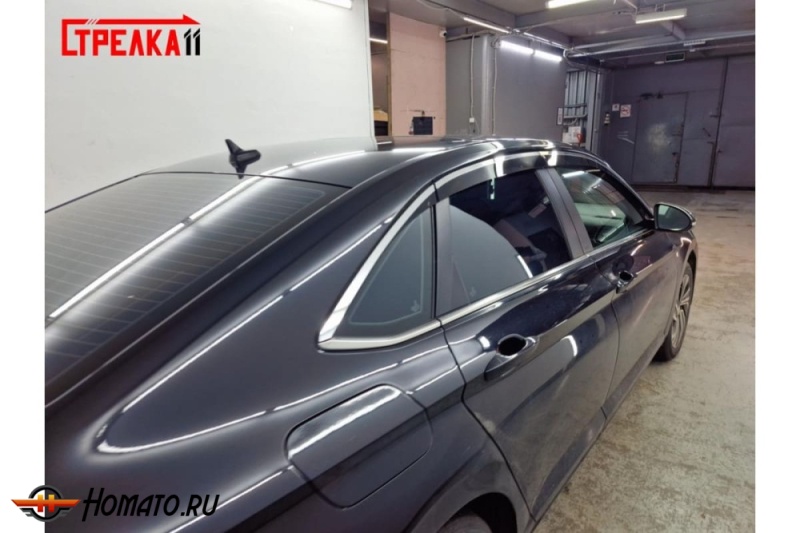 Дефлекторы Фольксваген Джетта 7 2020+ | с хром молдингом, из 6 частей, премиум, плоские, 2D