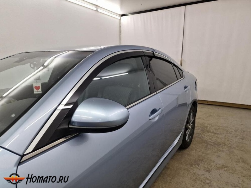 Дефлекторы Mazda 6 (GH) 2007-2012 седан | с хром молдингом, из 6 частей, премиум, плоские, 2D