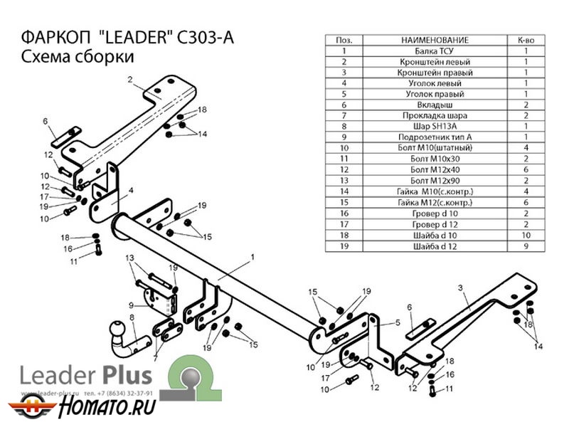 Фаркоп PEUGEOT PARTNER L2 (B9) 2008- | шар A | Лидер Плюс | C303-A