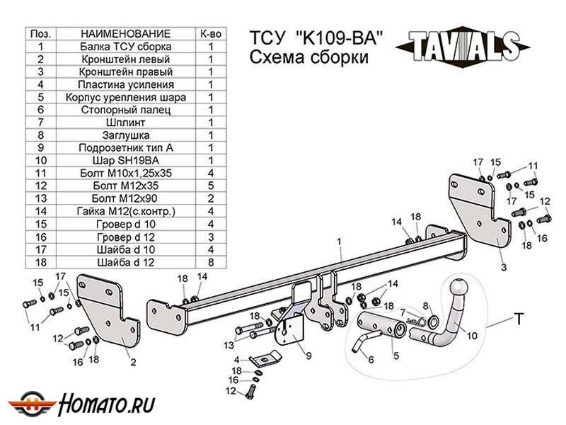 Фаркоп KIA CERATO (TD) 2009-2012 (кроме 2,0 л) | шар BA - быстросъемный | Лидер Плюс | T-K109-BA