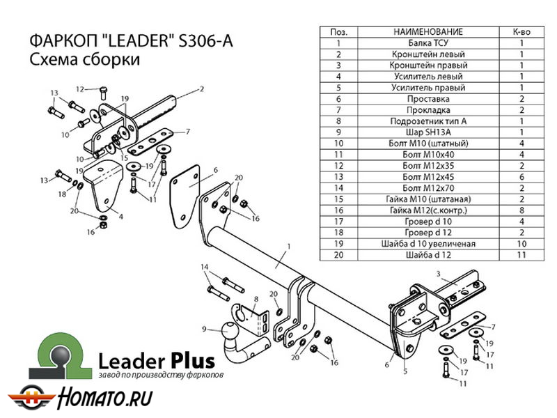 Фаркоп SUBARU FORESTER 3 (SH) 2008-2013 | шар A | Лидер Плюс | S306-A