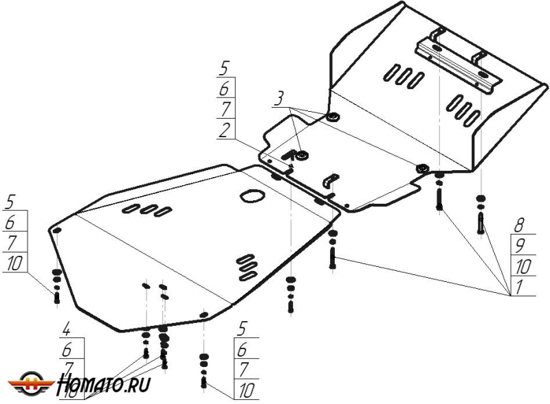 Защита картера Toyota Land Cruiser 100 2002-2007 | двигатель + передний дифференциал + КПП + раздатка, 3 мм, сталь | MOTODOR | 12512