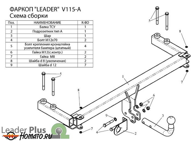 Фаркоп VOLKSWAGEN PASSAT B5 PLUS (седан) 1996-2005 | шар A | Лидер Плюс | V115-A