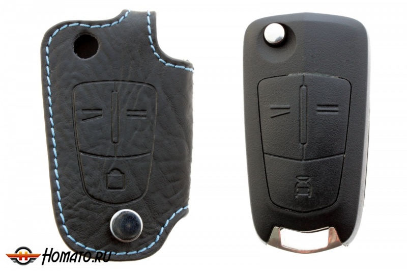 Брелок «кожаный чехол» для ключа Opel Astra c голубой нитью