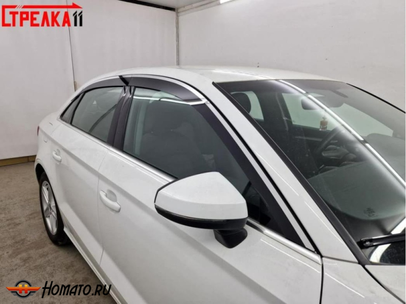 Дефлекторы Audi A3 седан (8V) 2012-2020 | с хром молдингом, из 6 частей, премиум, плоские, 2D