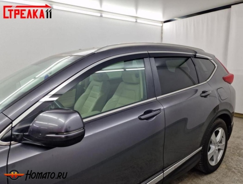 Дефлекторы Хонда СРВ 5 2017-2022 | с хром молдингом, из 6 частей, премиум, плоские, 2D