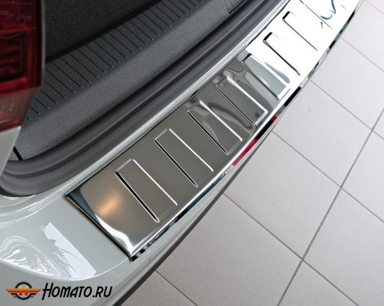 Накладка на задний бампер для Volkswagen Passat B8 2016+ (седан) | зеркальная нержавейка, с загибом, серия Trapez