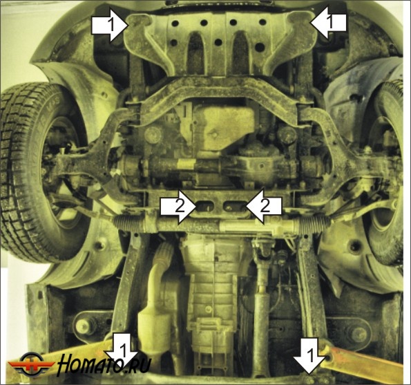 Защита картера Ssangyong Kyron 2007-2015 | двигатель + передний дифференциал + КПП + радиатор, 2 мм, сталь | MOTODOR | 02802