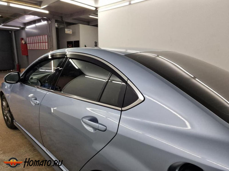 Дефлекторы Mazda 6 (GH) 2007-2012 седан | с хром молдингом, из 6 частей, премиум, плоские, 2D