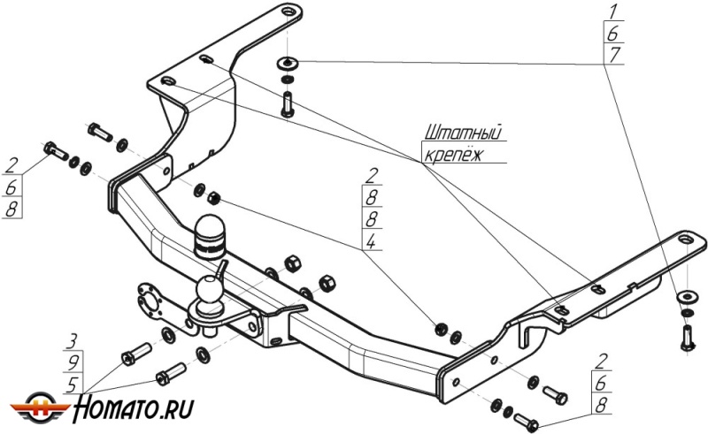 Фаркоп Toyota Highlander 2014-2020 | шар FE - оцинкованный, нагрузка 120/2000 | MOTODOR | 92528-FE