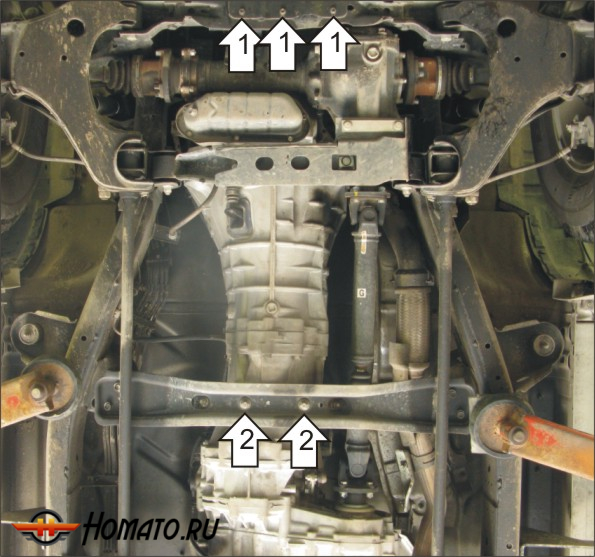 Защита картера Nissan NP300 2008-2014 | двигатель + передний дифференциал + КПП, 3 мм, сталь | MOTODOR | 11403