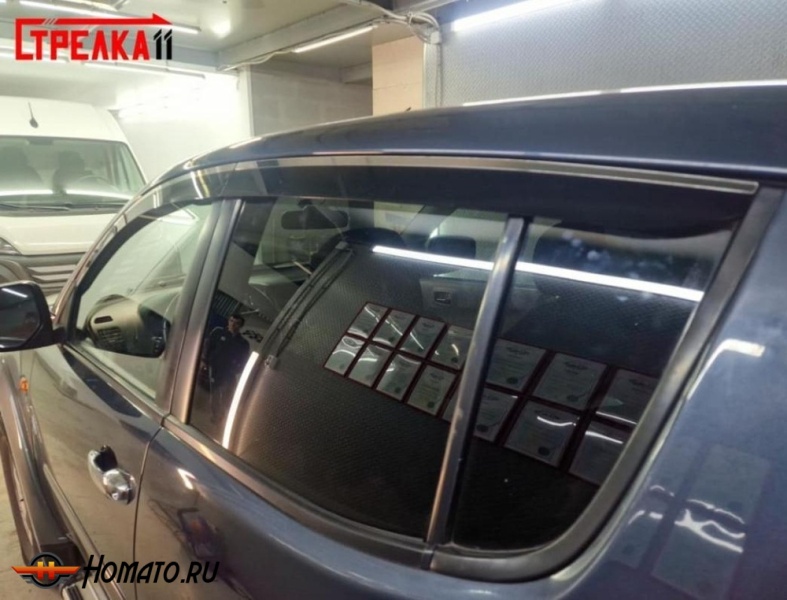 Дефлекторы Митсубиси Л200 4 2007-2015 | с хром молдингом, из 4 частей, премиум, плоские, 2D