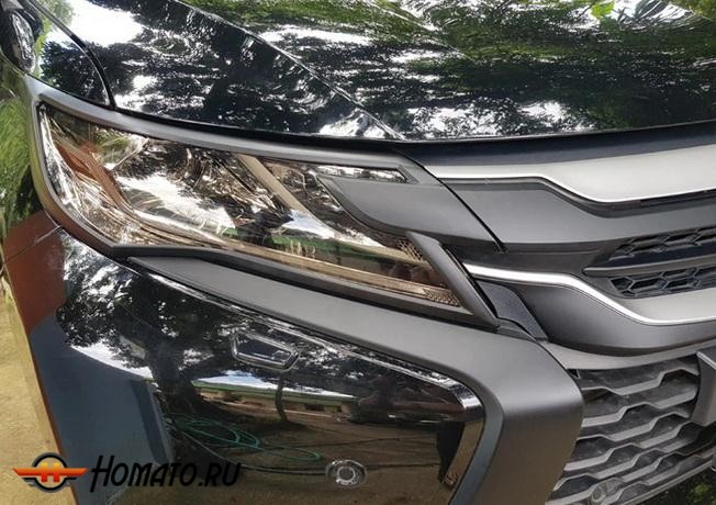 Накладки на передние фары для Mitsubishi Pajero Sport 2016-2019 | черные матовые