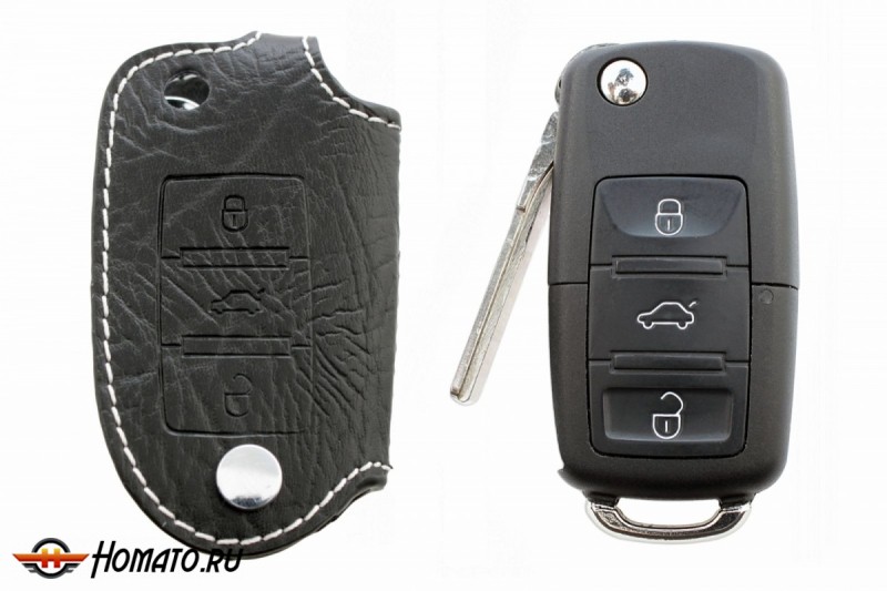Брелок «кожаный чехол» для ключа Volkswagen с голубой нитью «вар.3»
