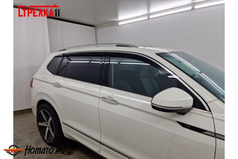Дефлекторы Volkswagen Tiguan L 2017+/2020+ (Китай) | с хром молдингом, из 6 частей, премиум, плоские, 2D