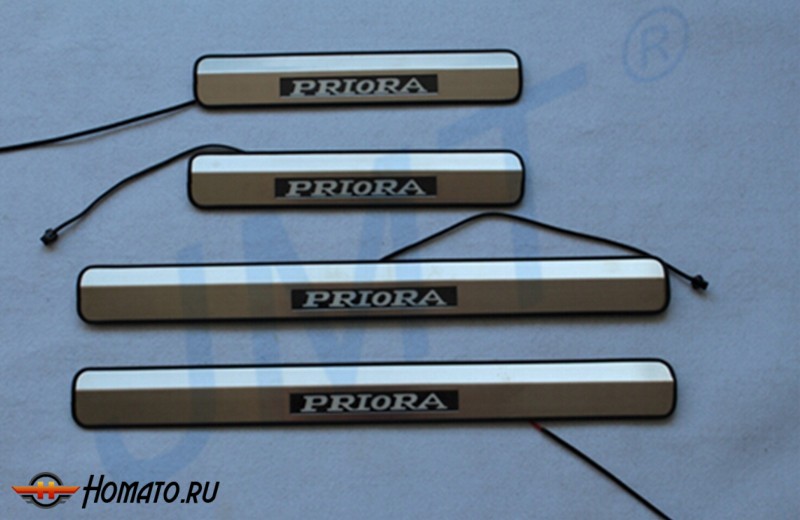 Накладки на дверные пороги с логотипом и LED подсветкой, нерж. для LADA Priora "07-