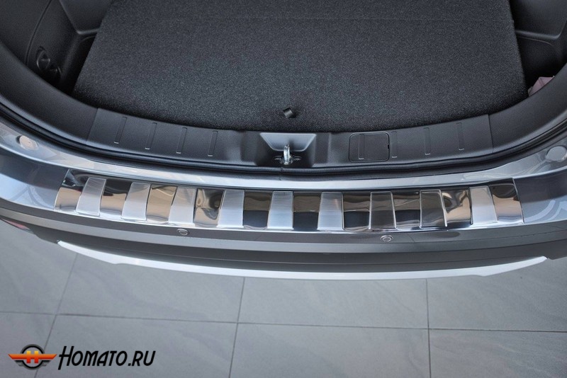 Накладка на задний бампер для Mitsubishi Outlander (2012-2014) | глянцевая + матовая нержавейка, с загибом, серия Trapez