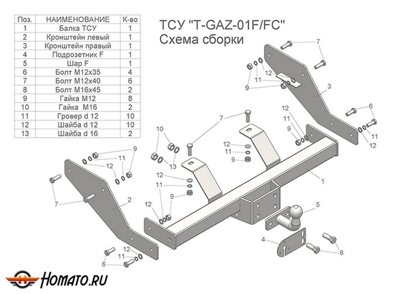 Фаркоп Газель 2705 (кроме 4WD без снятия запасного колеса) | шар FC | Лидер Плюс | T-GAZ-01FC