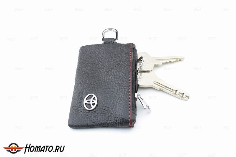 Чехол для ключей "Toyota", Универсальный, Кожаный с Металическим значком, Цвет: Черный, Нить:Красная