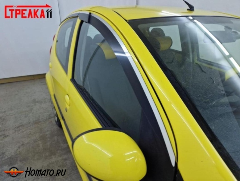 Дефлекторы Пежо 107 (5D) 2005-2015 | с хром молдингом, из 4 частей, премиум, плоские, 2D