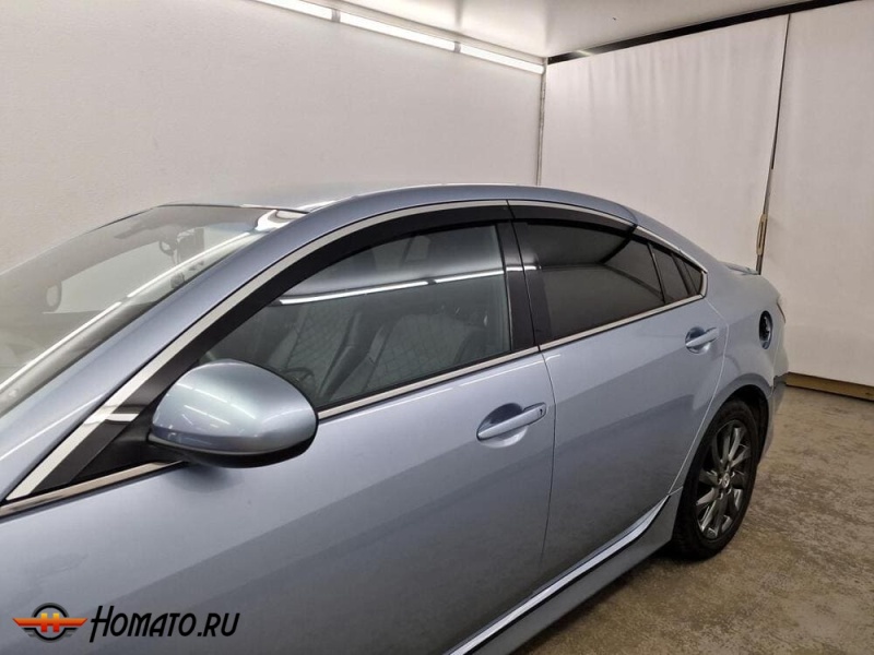 Дефлекторы Mazda 6 (GH) 2007-2012 седан | с хром молдингом, из 6 частей, премиум, плоские, 2D
