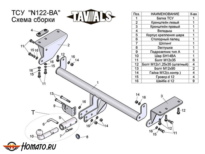 Фаркоп NISSAN X-TRAIL 3 (T32) 2014-2022 | шар BA - быстросъемный | Лидер Плюс | T-N122-BA