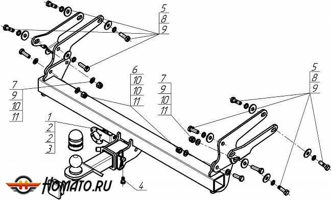 Фаркоп Toyota Rav4 5 (XA50) 2020+ / 2025+ Китай | Seintex | шар E - быстросъемный под квадрат, оцинкованный, нагрузка 100/2100 | MOTODOR | 92535-E